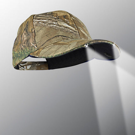 Camouflaged cap with lights in the brim of the cap