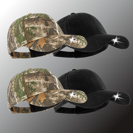 4 pack of POWERCAP 3.0 LED lighted headlamp hats in camo and black