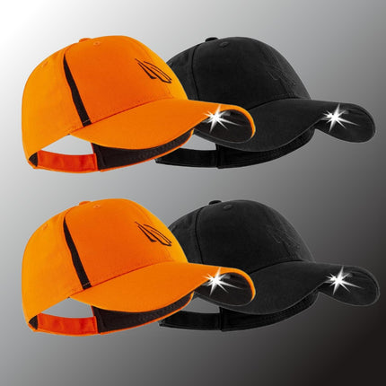 4 pack of POWERCAP 3.0 LED lighted headlamp hats in orange and black