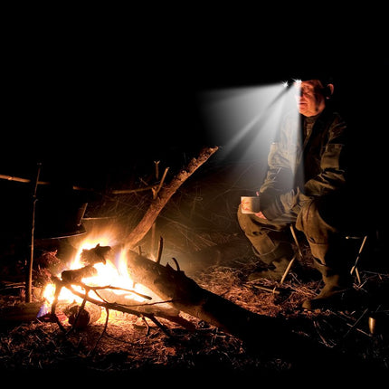 Camouflaged hunter sitting next to a fire with an LED lighted cap