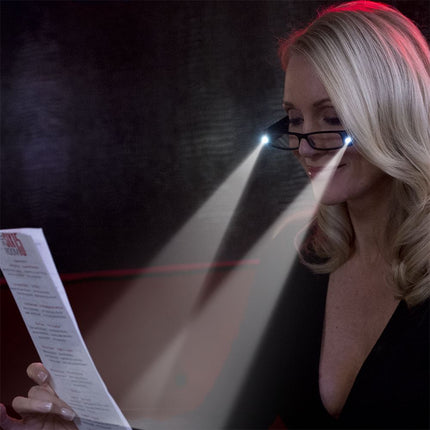 Person using lighted reading glasses to read a menu