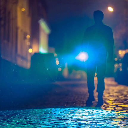 Person lighting up walkway path in front of themself with a flashlight