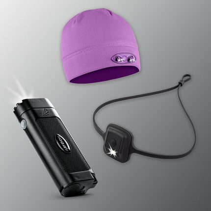 Purple PowerCap Beanie, headlamp and flashlight bundle