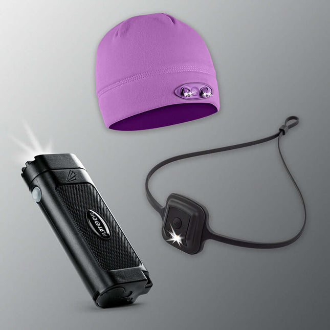 Purple PowerCap Beanie, headlamp and flashlight bundle