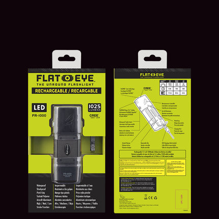 packing of the FLATEYE rechargeable FR-1000 flashlight