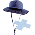 Navy blue sun hat with chin strap on a white background with reusable ice pack