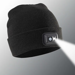 Black beanie with a built-in flashlight on a light gray background