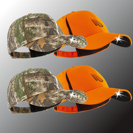 4 pack of orange and camo POWERCAP 3.0 LED lighted headlamp hats