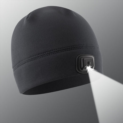 black beanie with rechargeable LED headlight