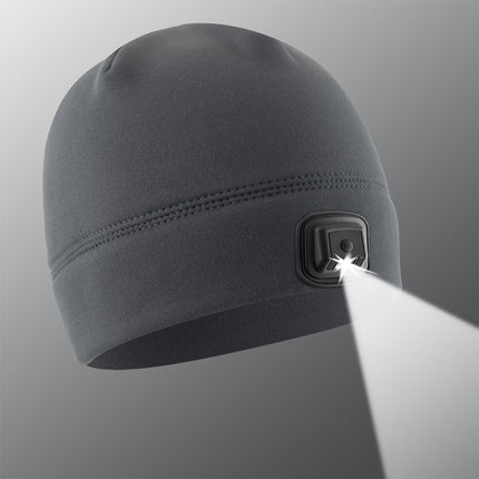 light grey beanie with rechargeable LED headlight