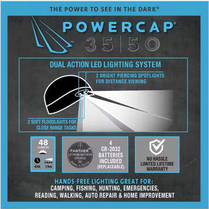 features of the POWERCAP 35/50 LED lighted headlamp beanie