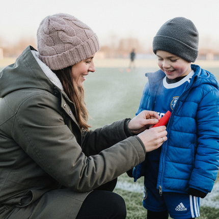 Mother handing a red POWERPAW 801 hand warmer to a boy at a winter soccer field