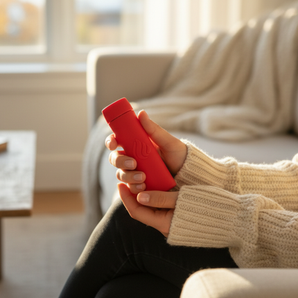 Hands holding a red POWERPAW 801 hand warmer on a couch