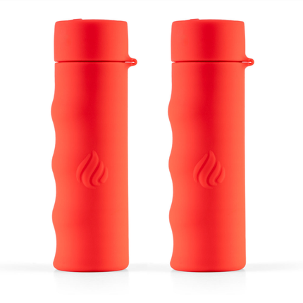 Two red POWERPAW 801 rechargeable hand warmers with grip-shaped silicone shell