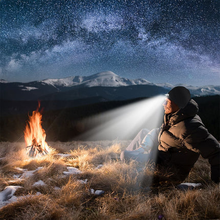 Man using lighted cap while camping next to a fire at night for warmth