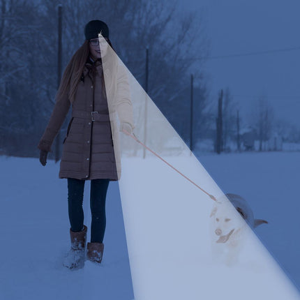Woman with lighted beanie walking her dog in the snow 