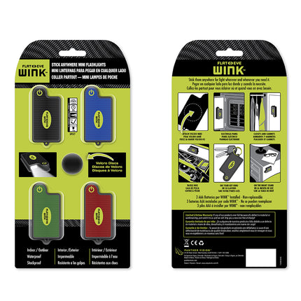 front and back of packaging of the FLATEYE WINK mini LED lighted keychain flashlight