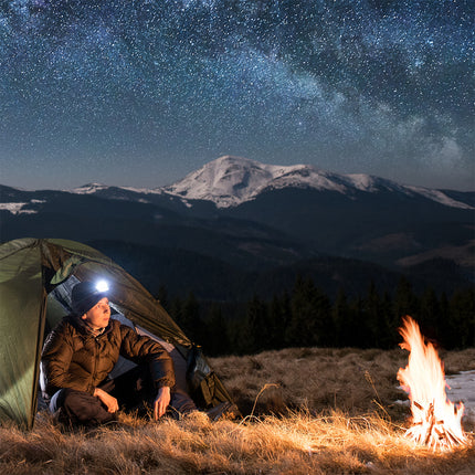 woman in a tent by a campfire in the mountains wearing a rechargeable LED headlamp