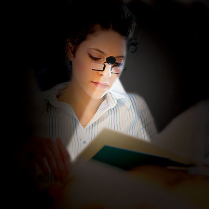 woman reading a book wearing LED lighted wallet readers