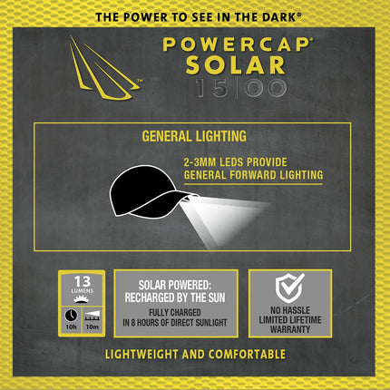 features of the powercap 15/00 solar powered cotton LED lighted hat include general forward lighting