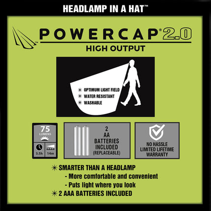 features of the red POWERCAP 2.0 fishing LED lighted headlamp hat