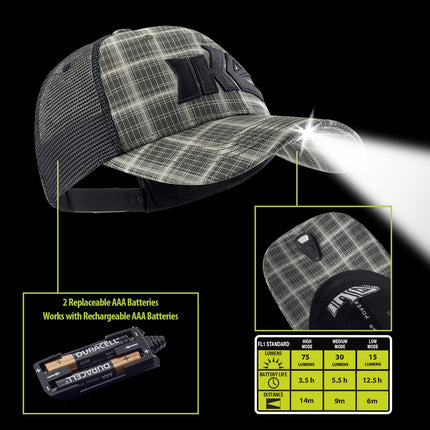 grey plaid POWERCAP 2.0 fishing LED lighted headlamp hat batteries