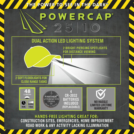 features of the POWERCAP 25/10 include a dual action LED lighting system and lifetime warranty