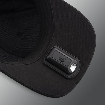 black hat with an LED light under the brim