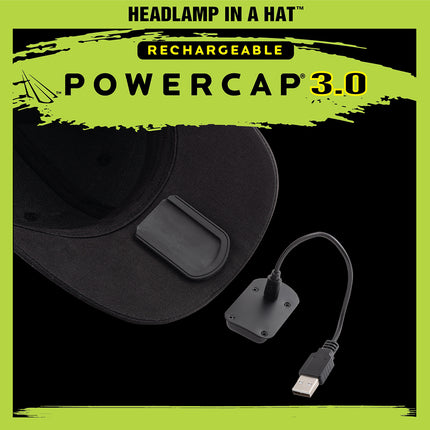 USB charger for the POWERCAP 3.0 rechargeable LED lighted headlamp hat