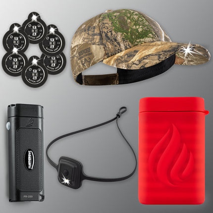 Hunting package combo includes: Flay-Eye Flashlight, Power Paw Hand Warmer, Headlamp, six Button Lamps, and Camouflaged PowerCap